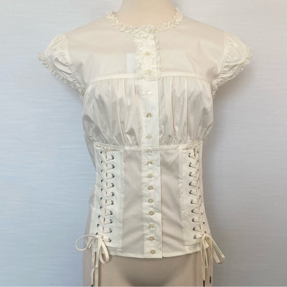 Moda International Tops Y2k Moda Victorias Secret Peasant Off White Laceup Corset Prairie